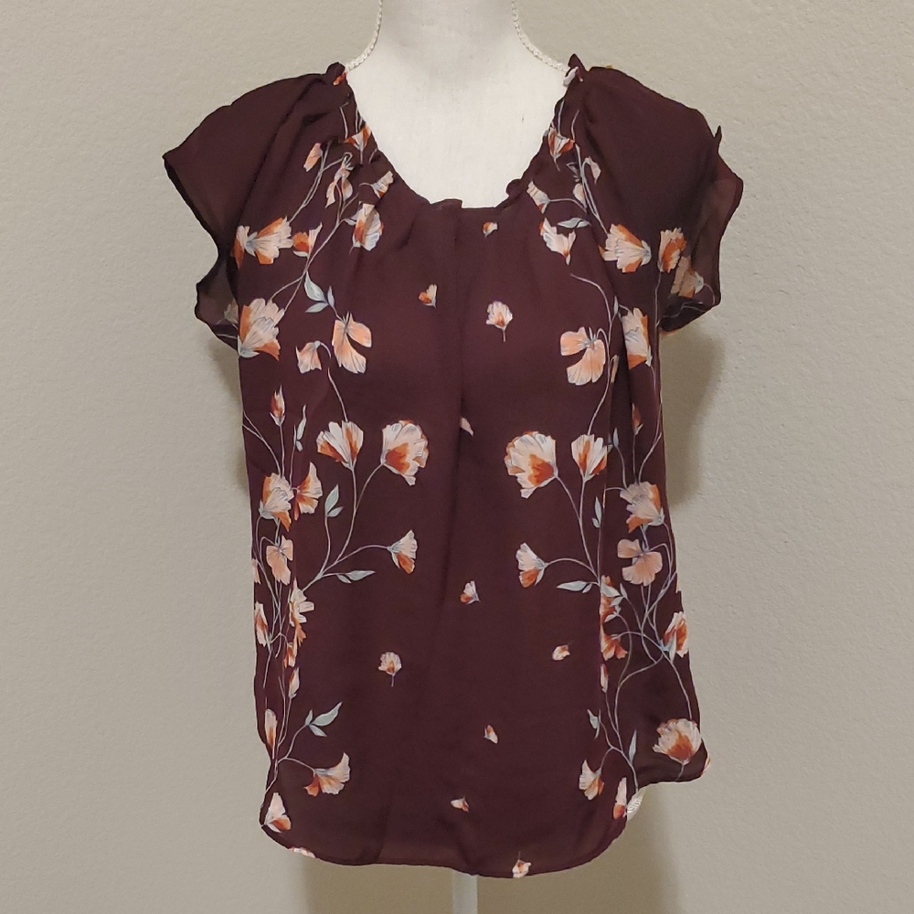 (4 for $10) LC Lauren Conrad Maroon Floral Blouse